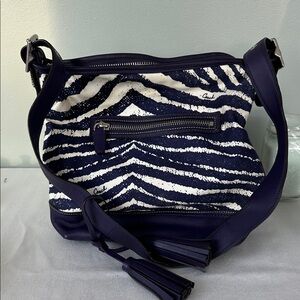 Coach Legacy Zebra Print Zip Duffle bag purple and white canvas w/ leather trim